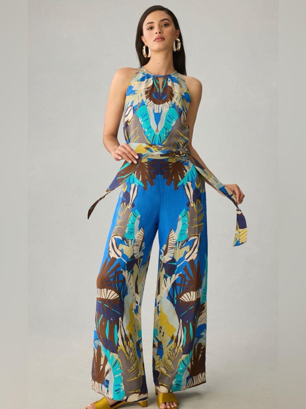 Anthropologie Blue Tropical-Print Halter Wide-Leg Jumpsuit